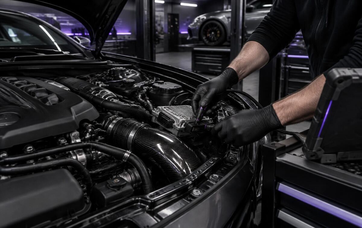 Professional engine diagnostics equipment connected to a vehicle